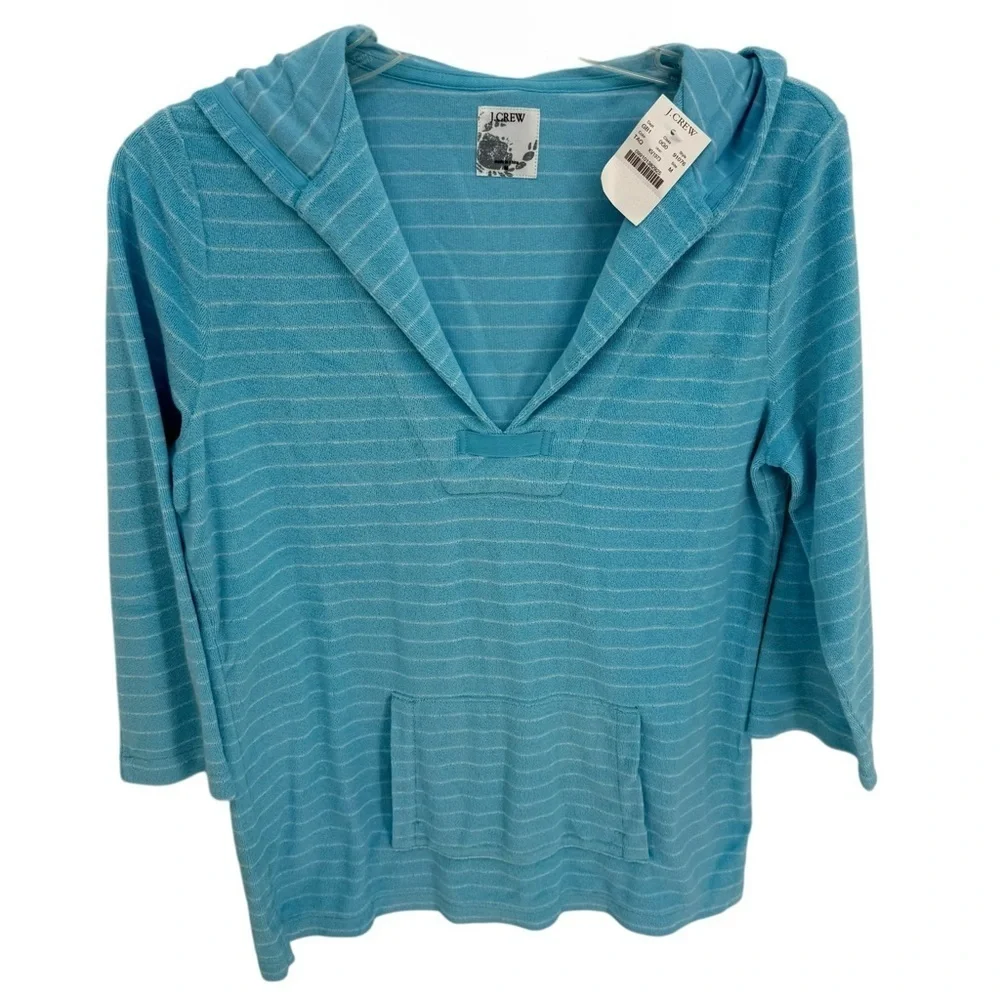 J.CREW NWT Top Womens Size M Terry Striped Hoodie 3/4 Sleeve Pullover blue